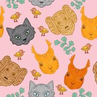 Children seamless pattern with funny creative faces of cats, dogs, squirrels. Vector illustration in the cartoon style. For children's clothing, fabric, textiles, kids room decoration, wrapping paper