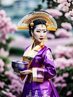 asian woman emperor pose wearing local traditional dress, generative art by A.I. photo