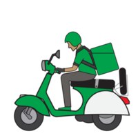 courrier sur une ancien moteur vélo. dessin animé personnage. Express livraison concept. png