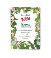 Safari birthday invitation card with tropical leaves and flowers , jungle theme nature green leaf colorful background birthday vector illustration