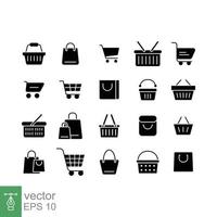 conjunto de compras carro iconos sencillo sólido estilo. en línea almacenar, tienda cesta, bolsa, negocio concepto. negro silueta, glifo símbolo. vector ilustración aislado en blanco antecedentes. eps 10