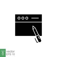 Blog writing icon. Simple solid style. Web page with pen, Journalism concept. Black silhouette, glyph symbol. Vector illustration isolated on white background. EPS 10.