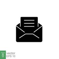 Envelope with letter icon. Simple solid style. Open message, email, mail, newsletter. Black silhouette, glyph symbol. Vector illustration isolated on white background. EPS 10.