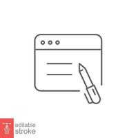 Blog writing icon. Simple outline style. Web page with pen, Journalism concept. Thin line symbol. Vector illustration isolated on white background. Editable stroke EPS 10.