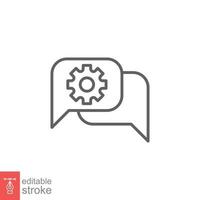 Settings chat icon. Simple outline style. Speech bubble with gear configuration. Thin line symbol. Dialog balloon and cog wheel. Vector illustration design on white background. Editable stroke EPS 10.