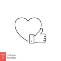 Heart and hand thumb up line icon. Like, favourite, love, and testimonials concept. Simple outline style. Vector illustration isolated on white background. Editable stroke EPS 10.