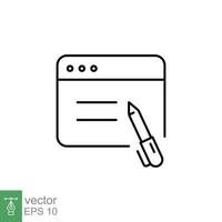 Blog writing icon. Simple outline style. Web page with pen, Journalism concept. Thin line symbol. Vector illustration isolated on white background. EPS 10.