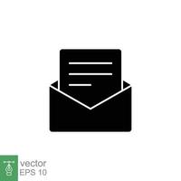 Envelope with letter icon. Simple solid style. Open message, email, mail, newsletter. Black silhouette, glyph symbol. Vector illustration isolated on white background. EPS 10.