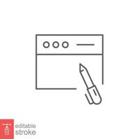 Blog writing icon. Simple outline style. Web page with pen, Journalism concept. Thin line symbol. Vector illustration isolated on white background. Editable stroke EPS 10.