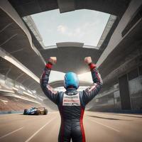racer hands up to celebrate race stadium, generative art by A.I. photo