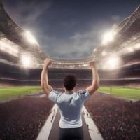 football player hands up to celebrate with stadium, generative art by A.I. photo