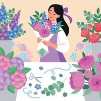 florist girl making beautiful bouquet vector