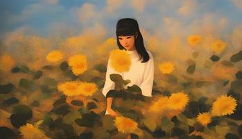 illustration portrait of asian woman in sunflower field, generative art by A.I. photo