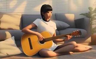 ilustración de asiático mujer jugar guitarra, generativo Arte por ai foto