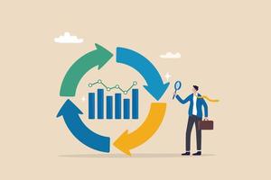 económico ciclo a estudiar arriba y abajo en valores mercado, en auge o recesión, negocio ciclo para marketing, estadística o datos análisis concepto, empresario con lupa en económico ciclo diagrama. vector
