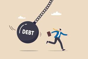 Debt problem, obligation or financial loan crisis, liability or credit failure, no money to pay for debt, mortgage default concept, business man run away from heavy wrecking ball with the word debt. vector