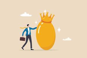 Golden egg investment, precious retirement pension fund, wealth or saving, 401k or IRA, prosperity or valuable asset concept, wealthy businessman with precious golden egg wearing crown. vector