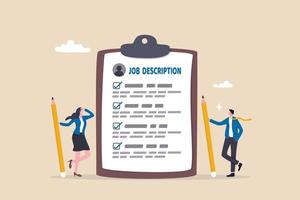 trabajo descripción, calificación y requisito para trabajo posición, trabajando alcance documento, deber y responsabilidad para empleo concepto, negocio personas empleador escritura trabajo descripción documento. vector