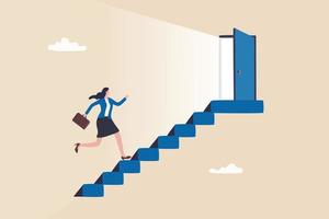 Career opportunity, door step to success, career development or growth and improvement to reach success, job promotion or challenge to grow concept, businesswoman employee walk up stair to open door. vector