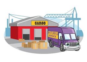 Cargo van illustration at the port vector