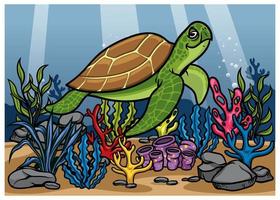 cartoon of turtle underwater with beautiful coral vector