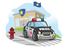 cartoon police car in front if the police office vector