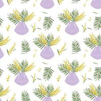 Seamless pattern of mimosa bouquets in a vase vector