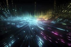 Speed of digital lights, neon glowing rays. Futuristic technology abstract background with lines for network, big data, data center, server, internet photo