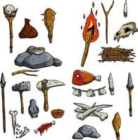 Set of items of primitive man and hunter. Weapons of caveman. Stone age hammer, axe and club. Lifestyle and tool. Cartoon illustration vector