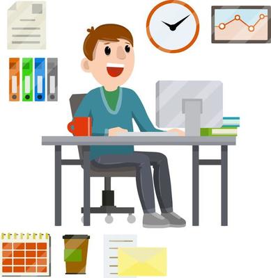 Man sitting at computer in office. Cartoon flat illustration. Set for business work-schedule, hours, file documents, letter, coffee, calendar. Company employee and office items. Work with PC