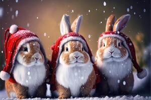 Three little bunnies dressed up as Santa Claus on a snowy Christmas background. photo