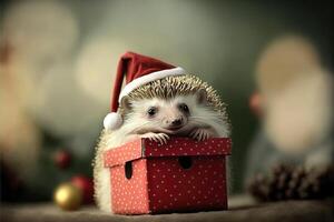 Tiny cute little hedgehog wearing a Santa hat and holding a gift box. photo