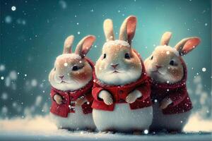 Three little bunnies dressed up as Santa Claus on a snowy Christmas background. photo