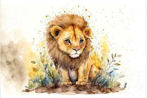 linda león en pie en el medio de el bosque. acuarela pintura de linda león salvaje animales ai generado