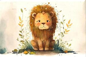 Cute lion standing in the middle of the forest. Watercolor painting of cute lion wild animals. photo