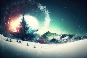 Snow, pine trees, mountains and sunlight. Abstract winter theme wallpaper background. AI Generated photo