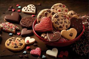 hecho en casa enamorado corazón galletas y chocolate para el día de amor. ai generado foto