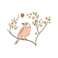 Bird on tree branch vector element. Cute beige sparrow hand drawn illustration. Spring wild bird in childish style. Ornithology poster. Birdwatching in nature.