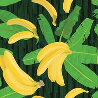 Seamless hand drawn tropical pattern with palm leaves, jungle exotic leaf and banana fruit on dark bamboo background vector