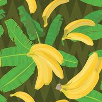 Seamless hand drawn tropical pattern with palm leaves, jungle exotic leaf and banana fruit on dark geometrical background vector