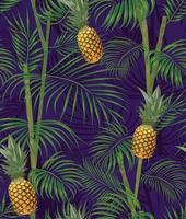 Tropical seamless pattern with pineapples, exotic palm leaves on dark background. vector