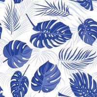 Seamless hand drawn tropical pattern with palm leaves in blue color, jungle exotic leaf on white background vector