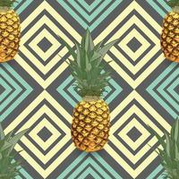Tropical seamless pattern with pineapples, exotic palm leaves on dark geometric background. vector