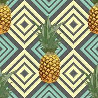 Tropical seamless pattern with pineapples, exotic palm leaves on dark geometric background. vector