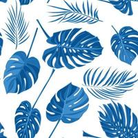 Seamless hand drawn tropical pattern with palm leaves in blue color, jungle exotic leaf on white background vector
