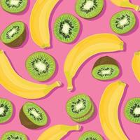 de moda mínimo verano sin costura modelo con entero, rebanado Fresco Fruta banana, kiwi en color antecedentes vector
