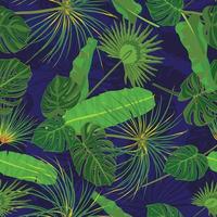Seamless hand drawn tropical pattern with palm leaves, jungle exotic leaf on dark background vector