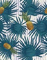 Tropical seamless pattern with pineapples, exotic palm leaves on striped background. vector