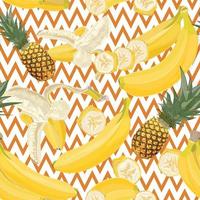 Seamless hand drawn tropical pattern with banana and pineapple fruit on geometric background vector