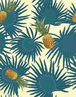 Tropical seamless pattern with pineapples, exotic palm leaves on dark background. vector